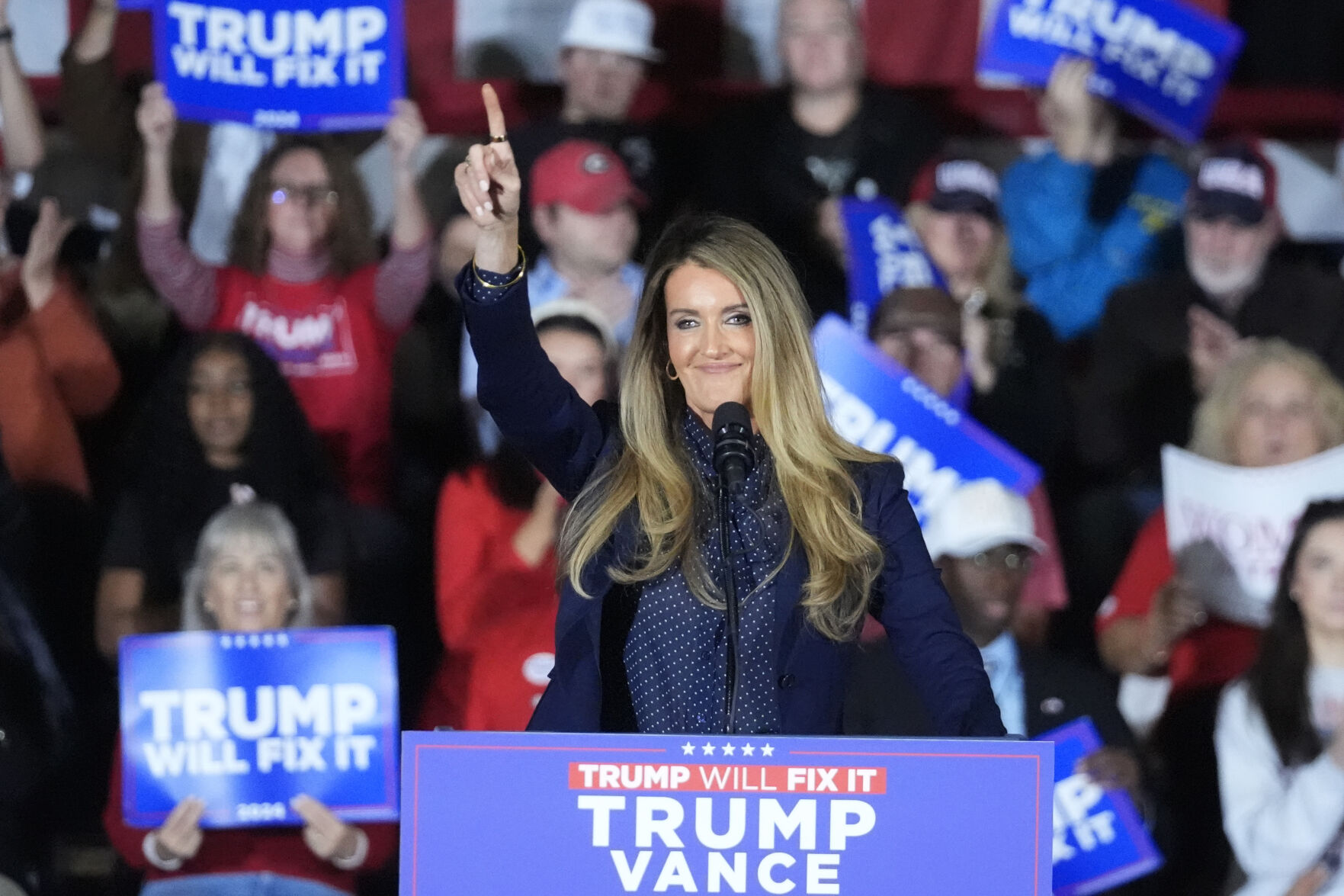 <p>FILE - Former Sen. Kelly Loeffler, R-Ga., speaks before Republican vice presidential nominee Sen. JD Vance, R-Ohio, at a campaign event on Nov. 4, 2024, in Atlanta. (AP Photo/John Bazemore, File)</p>   PHOTO CREDIT: John Bazemore - staff, ASSOCIATED PRESS