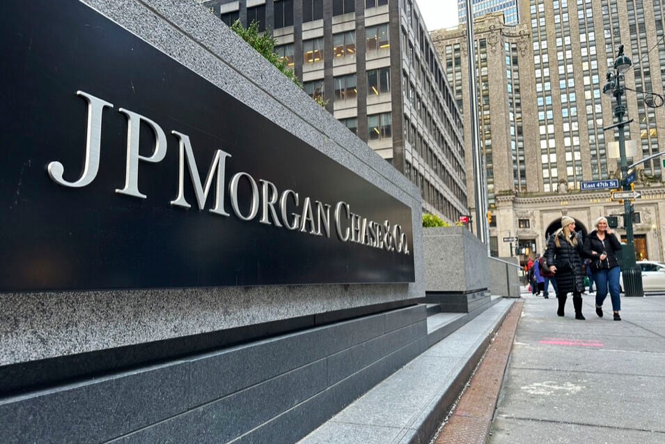 <p>FILE - Pedestrians approach JP Morgan Chase headquarters, Wednesday, Dec. 29, 2023, in New York. (AP Photo/Peter Morgan, File)</p>   PHOTO CREDIT: Peter Morgan 